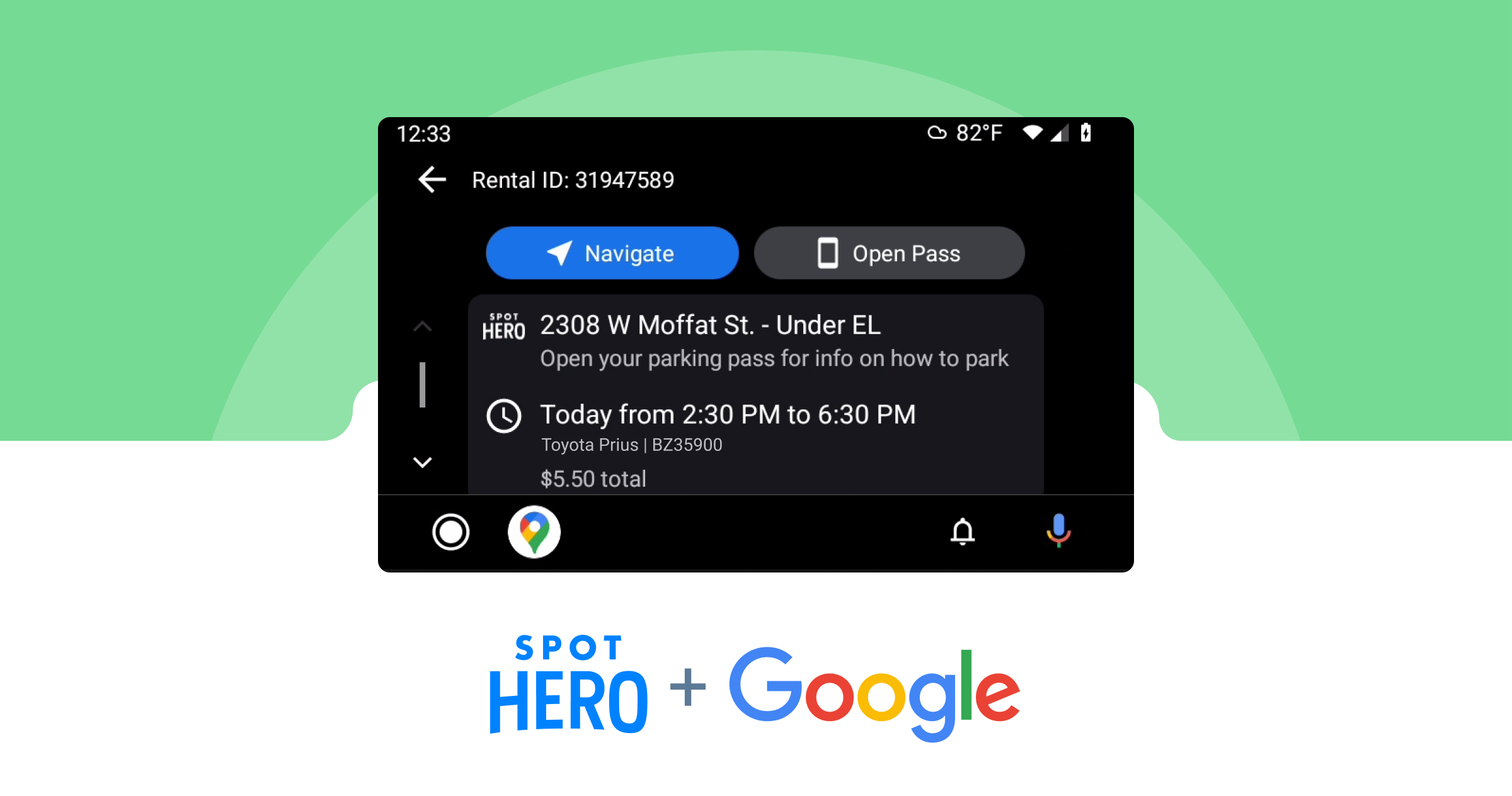 a photo of SpotHero for android auto, displayed on a car dashboard
