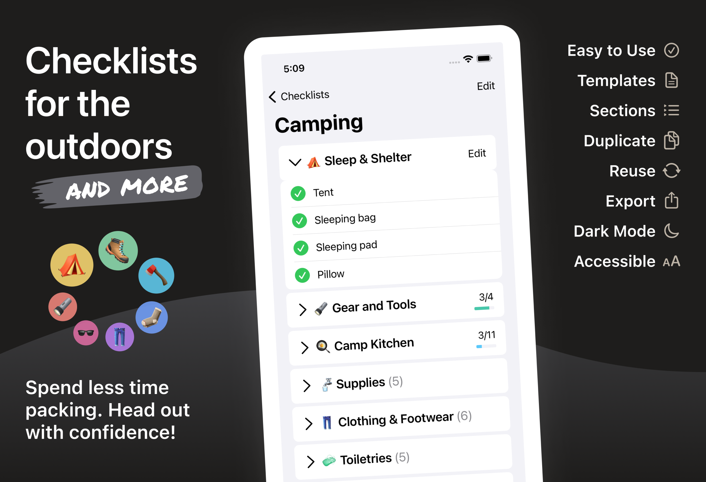 a cover image showing the camping checklist app for iOS