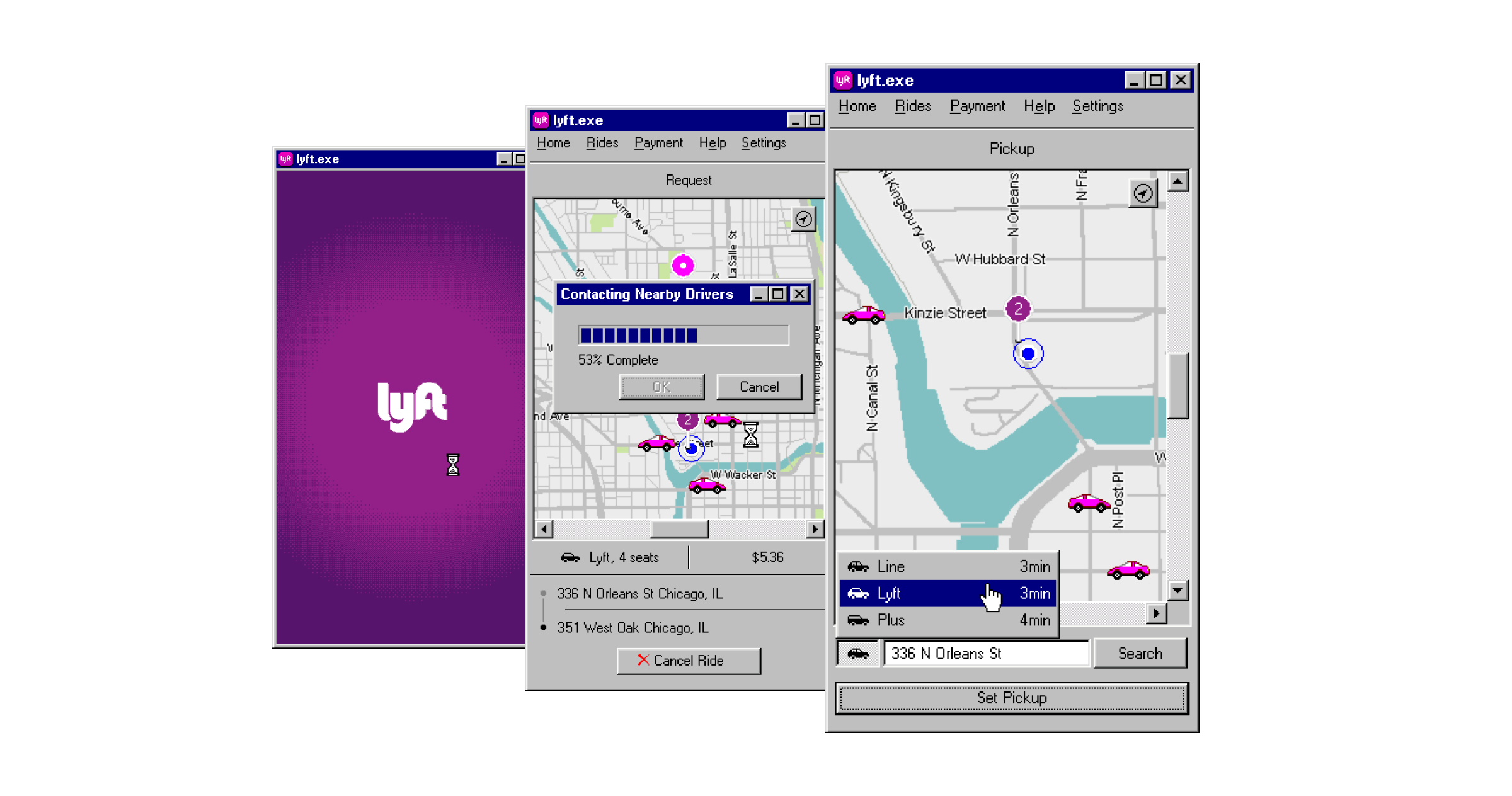 a cover image showing the lyft app redesigned to look like it's for Windows 95